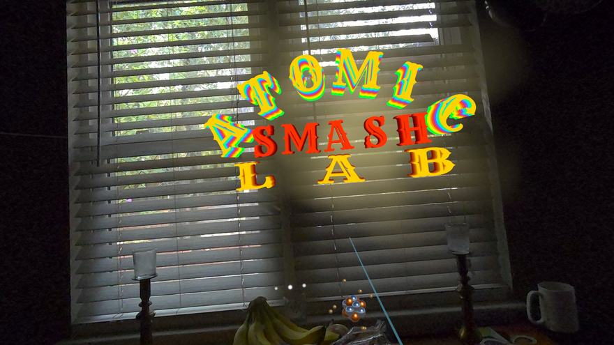 Passthrough on, title card floating over the blinds.
