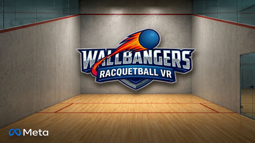 The WALLBANGERS logo projected on the front wall of the racquetball court