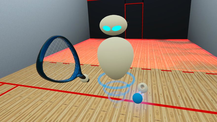 K.E.V.I.N. the robot opponent hovering on the court beside the player's racket and the ball