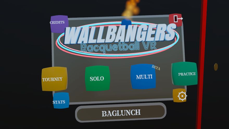 The main menu card floating in the court, with Tourney, Solo, Multi and Practice buttons