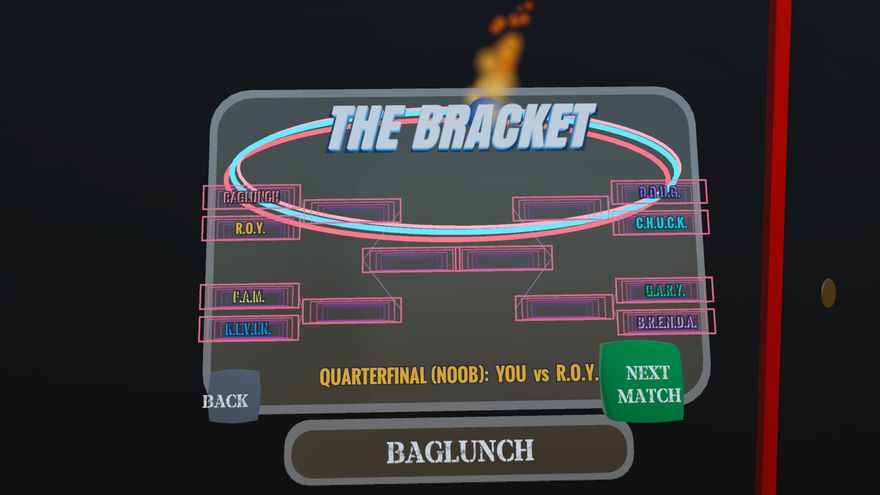 The tournament bracket screen showing eight names in a single-elimination ladder