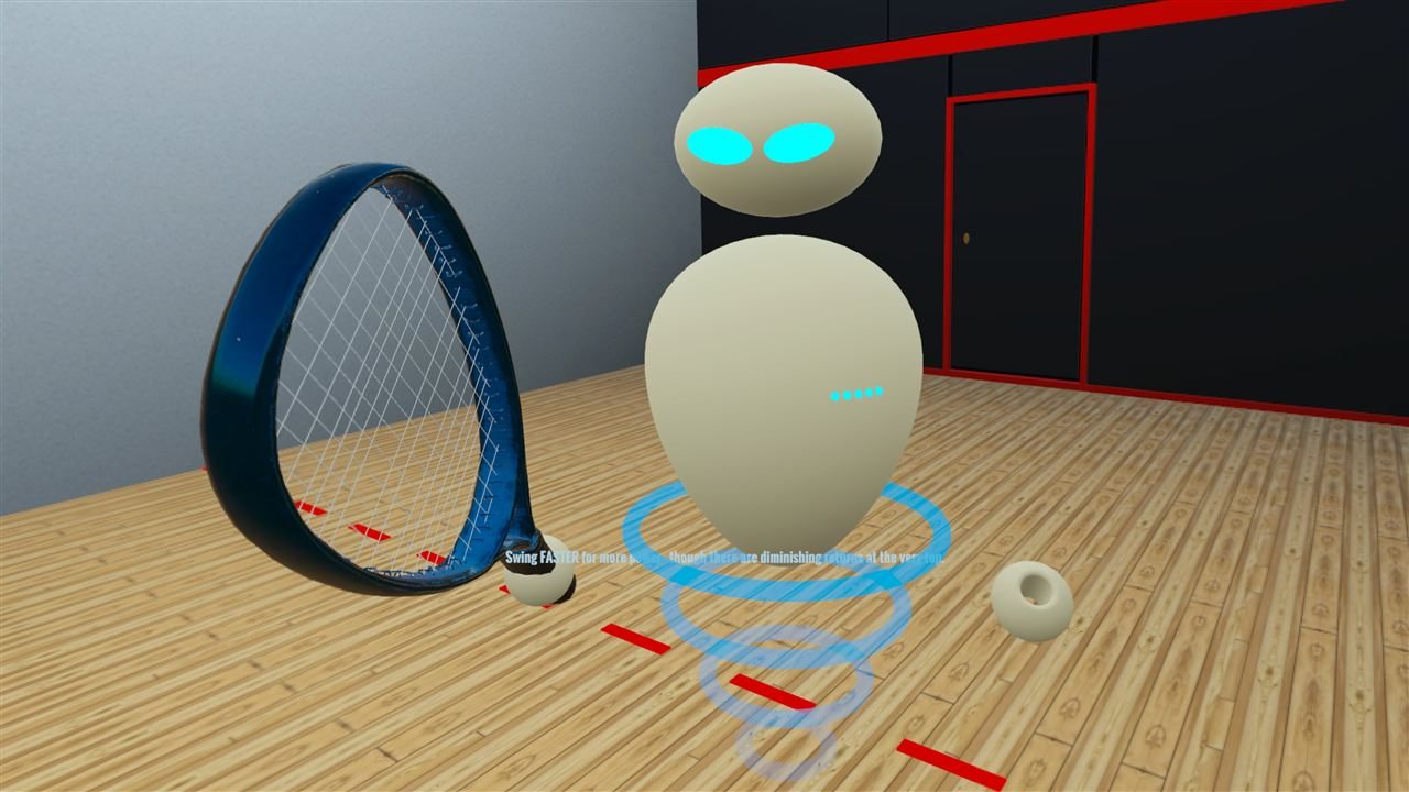 K.E.V.I.N., a floating egg-shaped robot with glowing cyan eyes and hover rings, standing on the court
